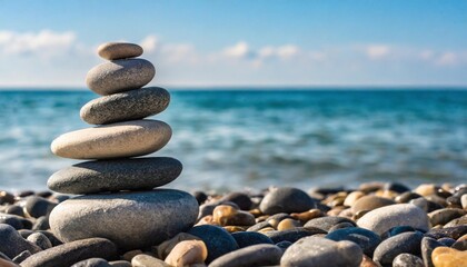 Fototapeta na wymiar folded pyramid of smooth stones on the seashore pebble on beach