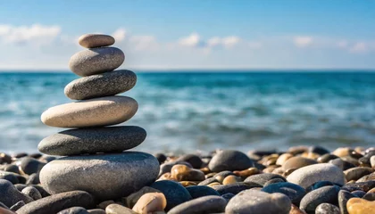 Tuinposter folded pyramid of smooth stones on the seashore pebble on beach © Mac