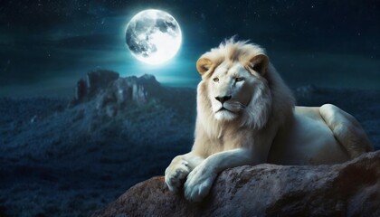 white lion in moon light manipulation of lion on rock in night landscape ai generative