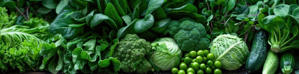 Fresh Green Leafy Vegetables Assortment Panorama - obrazy, fototapety, plakaty