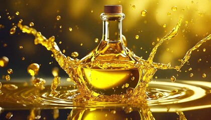 splashes and drops of liquid oil fresh olive or motor engine oil eco nature golden color close up shine yellow cosmetic oil or cosmetic essence liquid drop 3d render