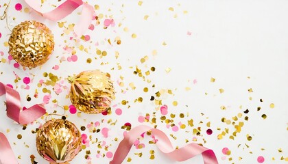 happy new year and xmas or birthday festive composition golden pink confetti on white table background celebration party concept flat lay top view empty copy space
