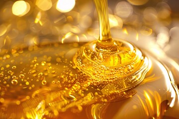 Indulge in the golden luxury of liquid honey, its viscous flow inviting you to savor the essence of pure indulgence - obrazy, fototapety, plakaty