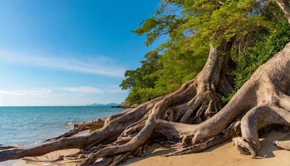 landscape view of trees with big roots on the seashore plants growing by the sea