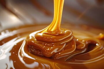 Indulge in the decadent richness of liquid caramel, its velvety surface promising a moment of pure satisfaction - obrazy, fototapety, plakaty