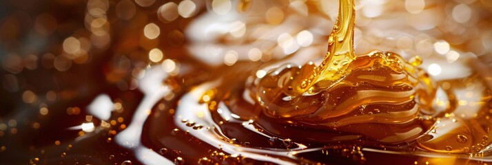 Indulge in the decadent richness of liquid caramel, its velvety surface promising a moment of pure satisfaction - obrazy, fototapety, plakaty