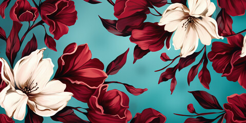Bold maroon and teal florals seamlessly intertwining, creating a sophisticated background.