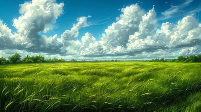 A beautiful landscape of a green field with white clouds and a blue sky.