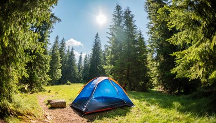 a picturesque camping spot amidst the forest a beautiful tent pitched generative ai