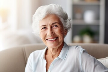 Happy grandmother sitting on the sofa, smiling.