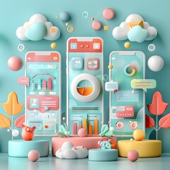 Colorful and interactive digital marketing case studies with data visualization and analytics elements on a stylized 3D scene
