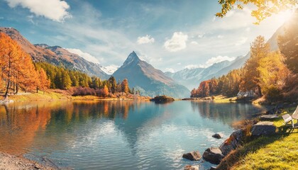amazing natural autumn scenery panoramic view of beautiful mountain landscape in alps with lake...