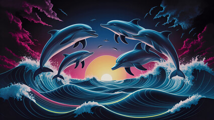 digital art illustration in a vibrant neon style, depicting a pod of dolphins leaping joyfully