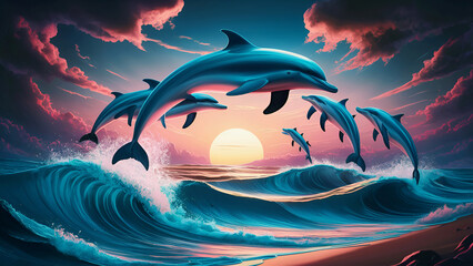 digital art illustration in a vibrant neon style, depicting a pod of dolphins leaping joyfully