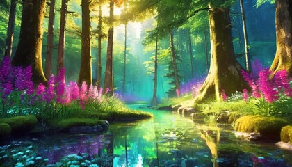anime fantasy magical forest background backdrop vibrant generated ai