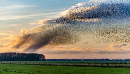 starling murmurations a large flock of starlings sturnus vulgaris fly at sunset just before entering the roosting site in the netherlands hundreds of thousands starlings make big clouds to protect