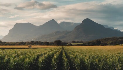 a lush corn field with majestic mountains in the backdrop