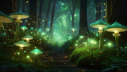 an enchanted forest in a technicolor dreamscape with bioluminescent mushrooms