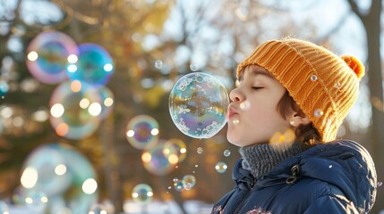 Naklejka premium Boy in an orange hat blowing bubbles in the park