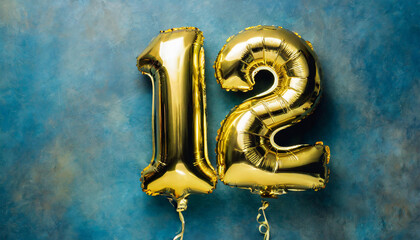 Banner with number 12 golden balloon. 12 years anniversary celebration. Dark blue background.