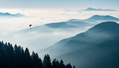 horizontal banner magical misty landscape with paraglider and birds silhouettes of trees and mountains gray illustration