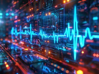 Fototapeta premium circuit board with a glowing blue heartbeat line