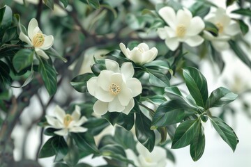 Fototapeta premium Graceful magnolia tree with fragrant white blossoms and glossy green leaves, ideal for garden-themed projects