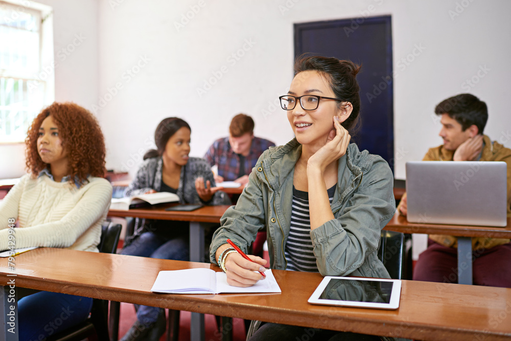 Poster classroom, student and thinking with smile in university for answer, information and education. coll