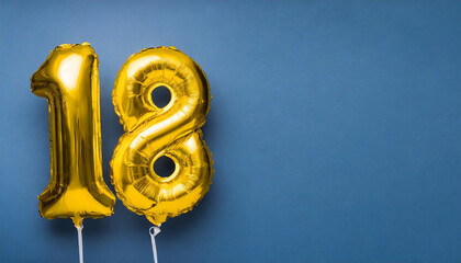 Banner with number 18 golden balloon. 18 years anniversary celebration. Bright blue background.