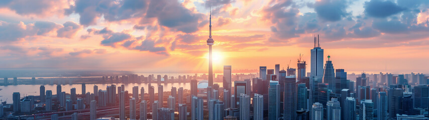 Fototapeta premium Banner with sunset over urban river with skyscrapers. Generative AI