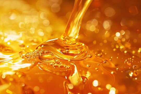Dive into the amber depths of liquid honey, its warm tones inviting you to bask in the sweetness of nature's nectar