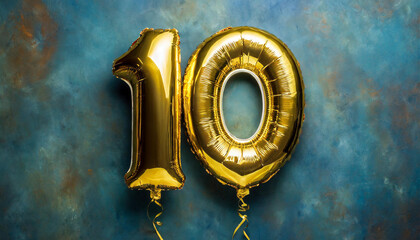 Banner with number 10 golden balloon. Ten year anniversary celebration. Bright blue background.