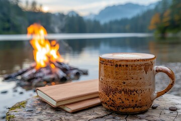 A cup of coffee and a book by the lake