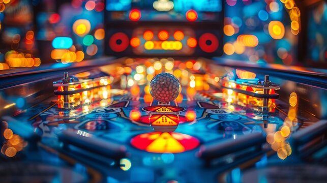 Close up of a pinball machine with a silver ball resting on the flippers.