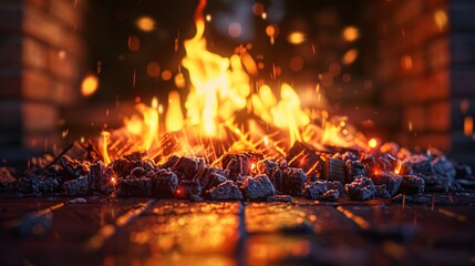 coals burning in a fireplace with sparks flying out - obrazy, fototapety, plakaty