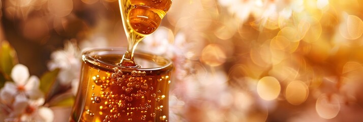 Delve into the amber beauty of liquid honey, its mesmerizing texture tempting you with promises of sweet indulgence - obrazy, fototapety, plakaty