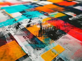 Colorful abstract painting with bright colors and a lot of texture.