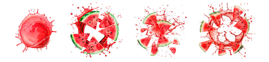 A sequence of images showing a watermelon slice exploding into pieces