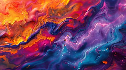 Colorful abstract painting with vibrant hues of red, orange, yellow, purple, blue, and green