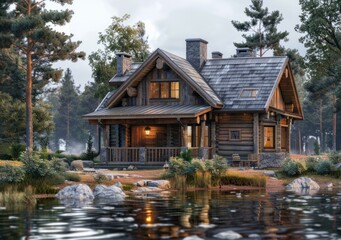 Fototapeta premium b'Wooden house in the woods near the lake'