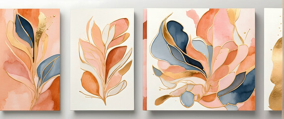 Triptych of paintings showcasing stylized botanical elements in soft watercolor tones for a subtle and elegant decor