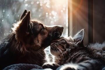 Warm affectionate moment between a shepherd dog and a tabby cat in sunlight, Concept of interspecies friendship and tender animal bonds