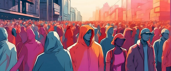 A sea of faceless individuals in a stylized illustration with vibrant hoodies representing anonymity and unity - obrazy, fototapety, plakaty