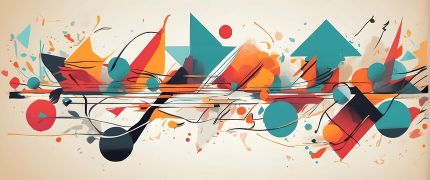 A dynamic composition of scattered geometric shapes and splashes, suggesting creativity and chaotic beauty