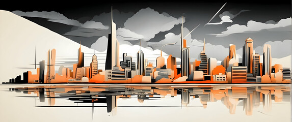 A minimalistic digital representation of an urban skyline with a reflection in stylized water