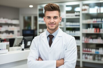 b'Portrait of a smiling young male pharmacist in a drugstore'
