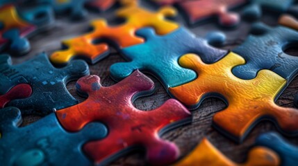 Colorful puzzle pieces on a wooden table.