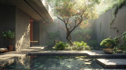 Courtyard with a tree, plants, and a reflecting pool