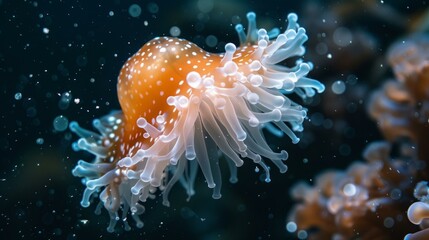 b'Underwater Closeup of Orange and White Jellyfish'