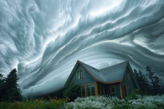 b'A house is almost covered by a shelf cloud'